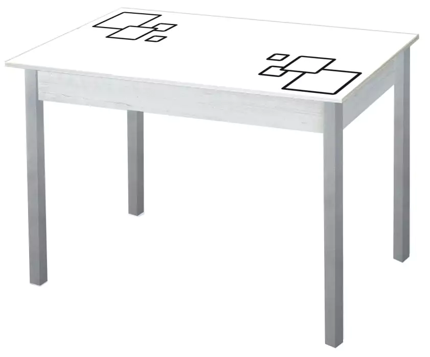 Стол обеденный раздвижной с фотопечатью Альфа Квадраты на белом/Серебристый металлик