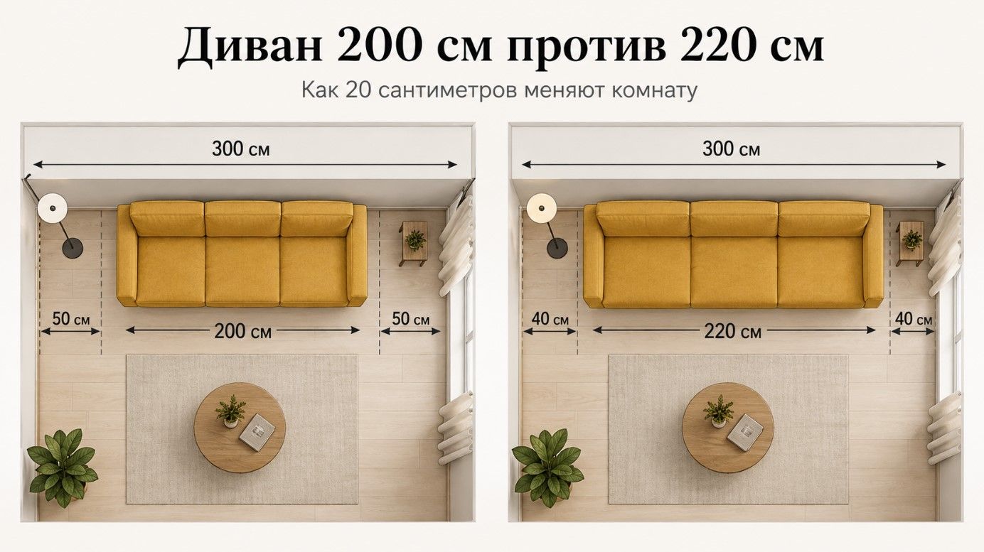 Диван 200 см против 220 см: как 20 сантиметров меняют комнату
