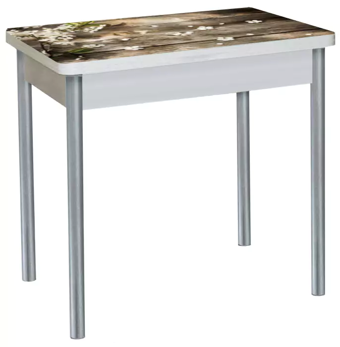 Стол обеденный поворотно-раскладной с фотопечатью Бронкс Цветы на досках/Серебристый металлик