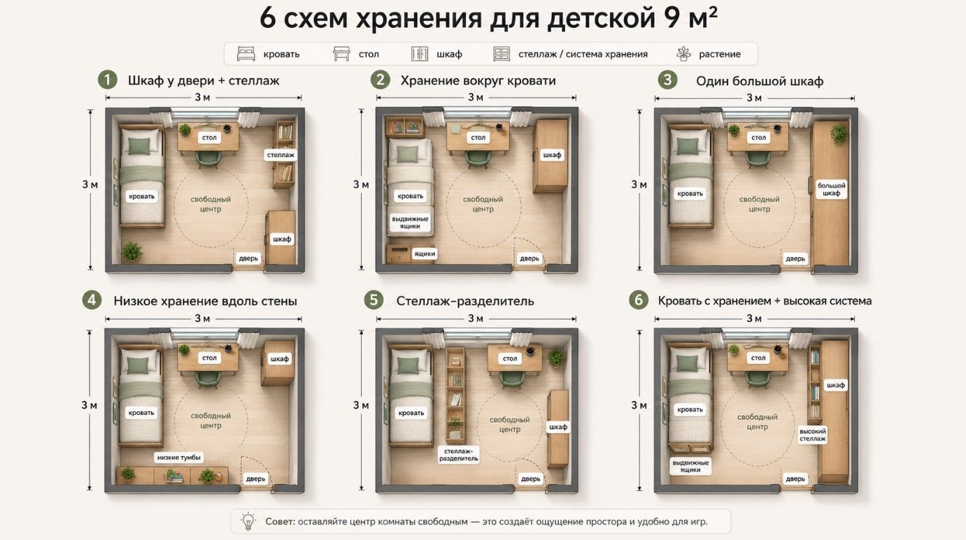 Куда девать вещи в детской: 6 схем хранения для комнаты 9 м²