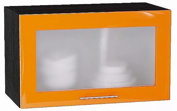 Шкаф верхний горизонтальный остекленный глубокий Валерия-М 600 Оранжевый глянец/Венге