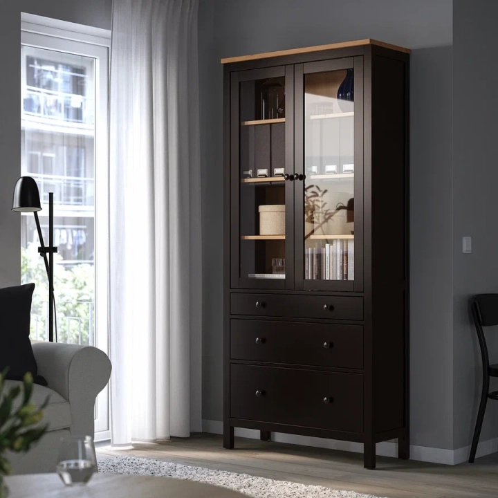 Шкаф-витрина с 3 ящиками HEMNES, Коричневый