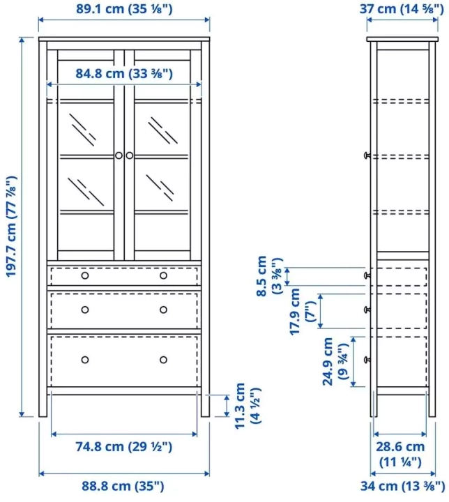 Шкаф-витрина с 3 ящиками HEMNES, Белый